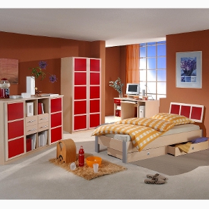 Kinderzimmereinrichtung - Jugendzimmer rot / Ahorn Kinderzimmereinrichtung - Jugendzimmer rot / Ahorn