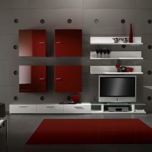 Wohnzimmereinrichtung - Design Wohnwand rot- weiß